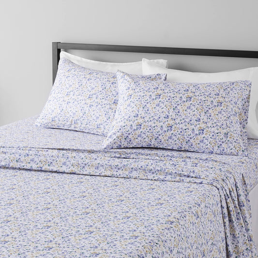 Amazon Basics Lightweight Breathable, Wrinkle Resistant Super Soft Brushed Microfiber 4-Piece Bed Sheet Set with 14-Inch Deep Pockets, Full, Blue Floral, Printed