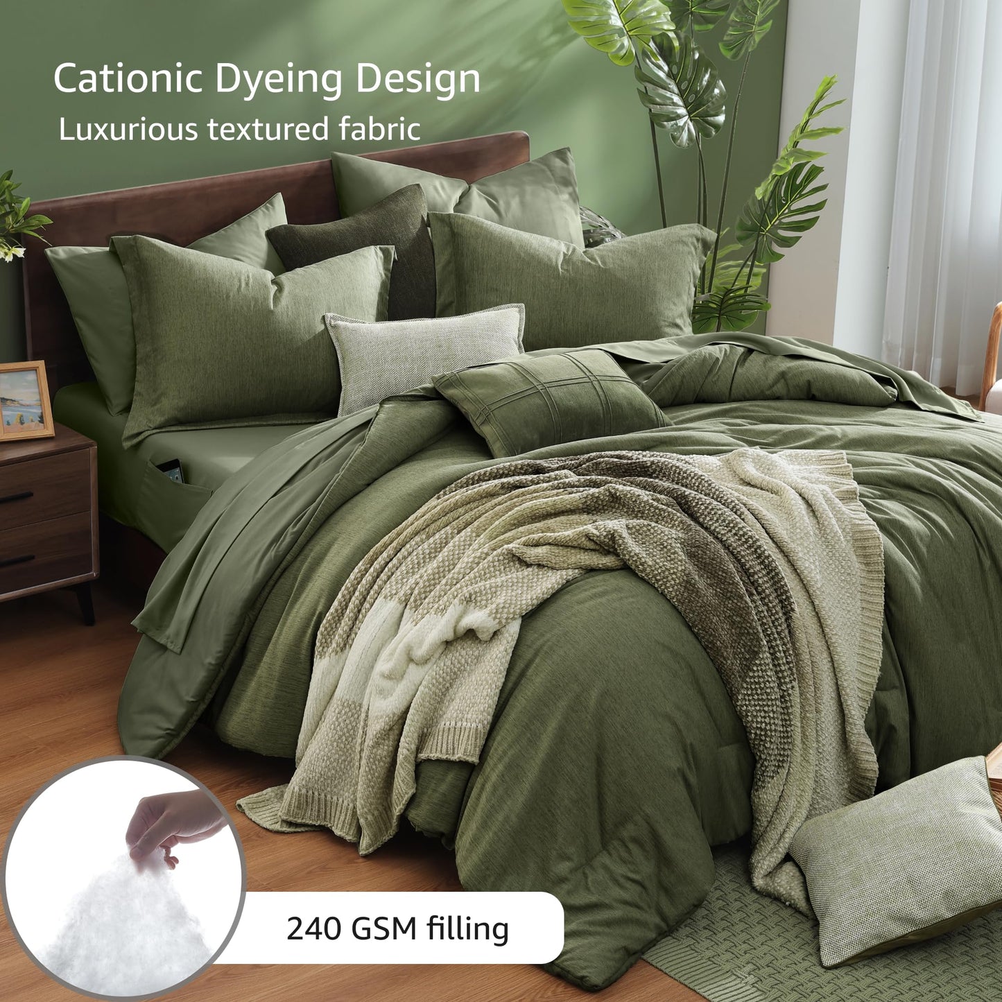 Monbix Queen Comforter Set - 7 Pieces Cationic Dyeing Olive Green Bed in a Bag Queen Bedding Sets with Comforter, Sheets, Pillowcases & Shams, Reversible Bedding Comforters Sets