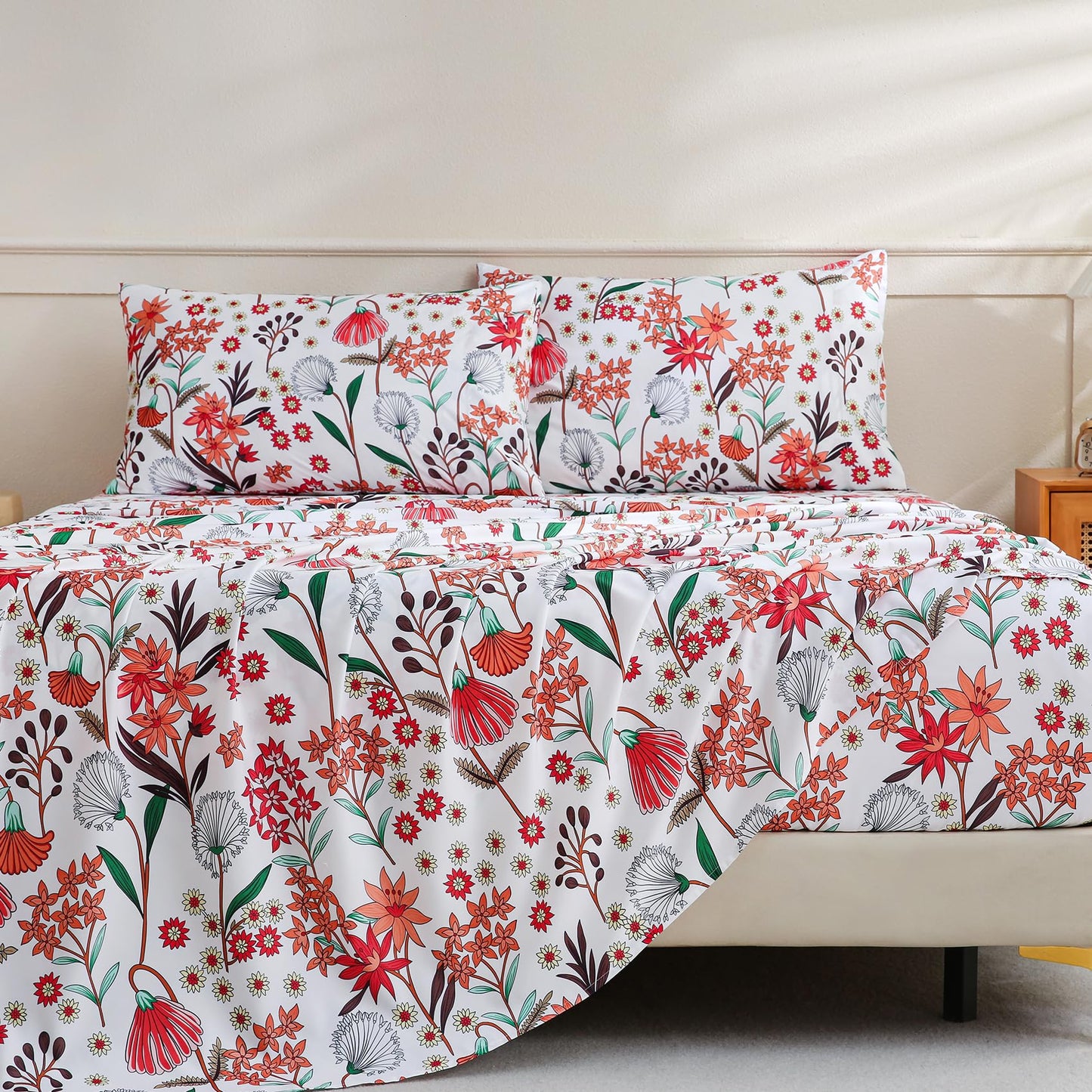 CIMVI Fashion Flower Sheet Set Queen Size 4 Pieces Floral Bedding and Pillowcases 15 inch Deep Pocket Fitted Sheets Soft Breathable Bed Sets Woman Adults Decor Bedroom