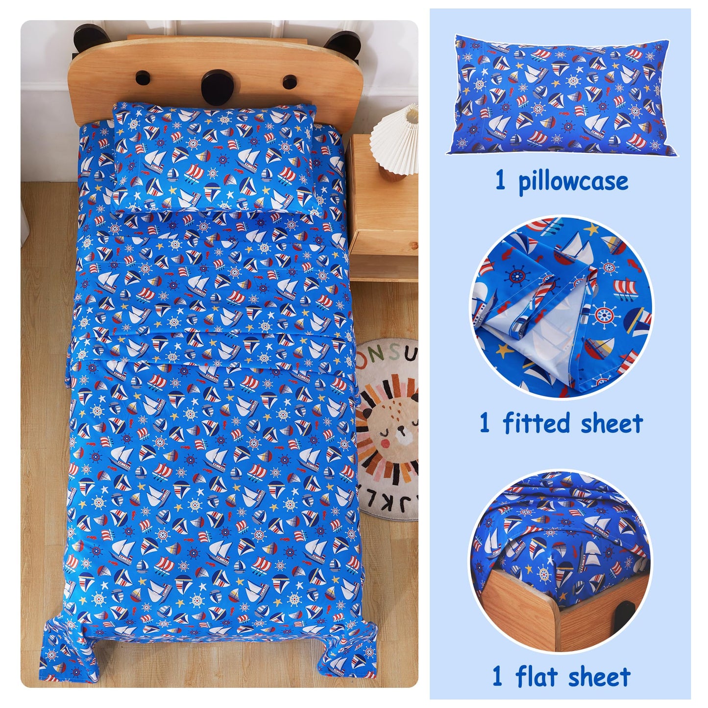 Softan Kids Bed Sheet Set, 3-Piece Twin Sheets Set, Microfiber Fitted Sheet with 15 Inches Deep Pocket and Corner Straps, Breathable & Silky Soft Blue Sailboat Pattern Sheet and Pillowcase Sets