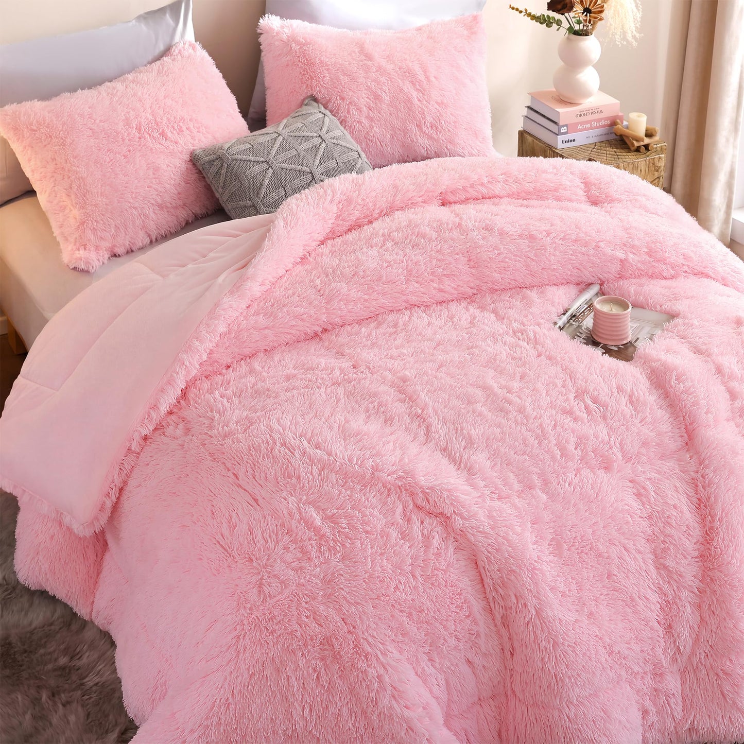 Smoofy Fluffy Queen Comforter Set, Faux Fur Pink Comforter Set Queen Size, Luxury Fuzzy Bedding Set, Soft Shaggy Bed Set Pink for All Season, 3 Pieces - 1 Comforter & 2 Pillowcases