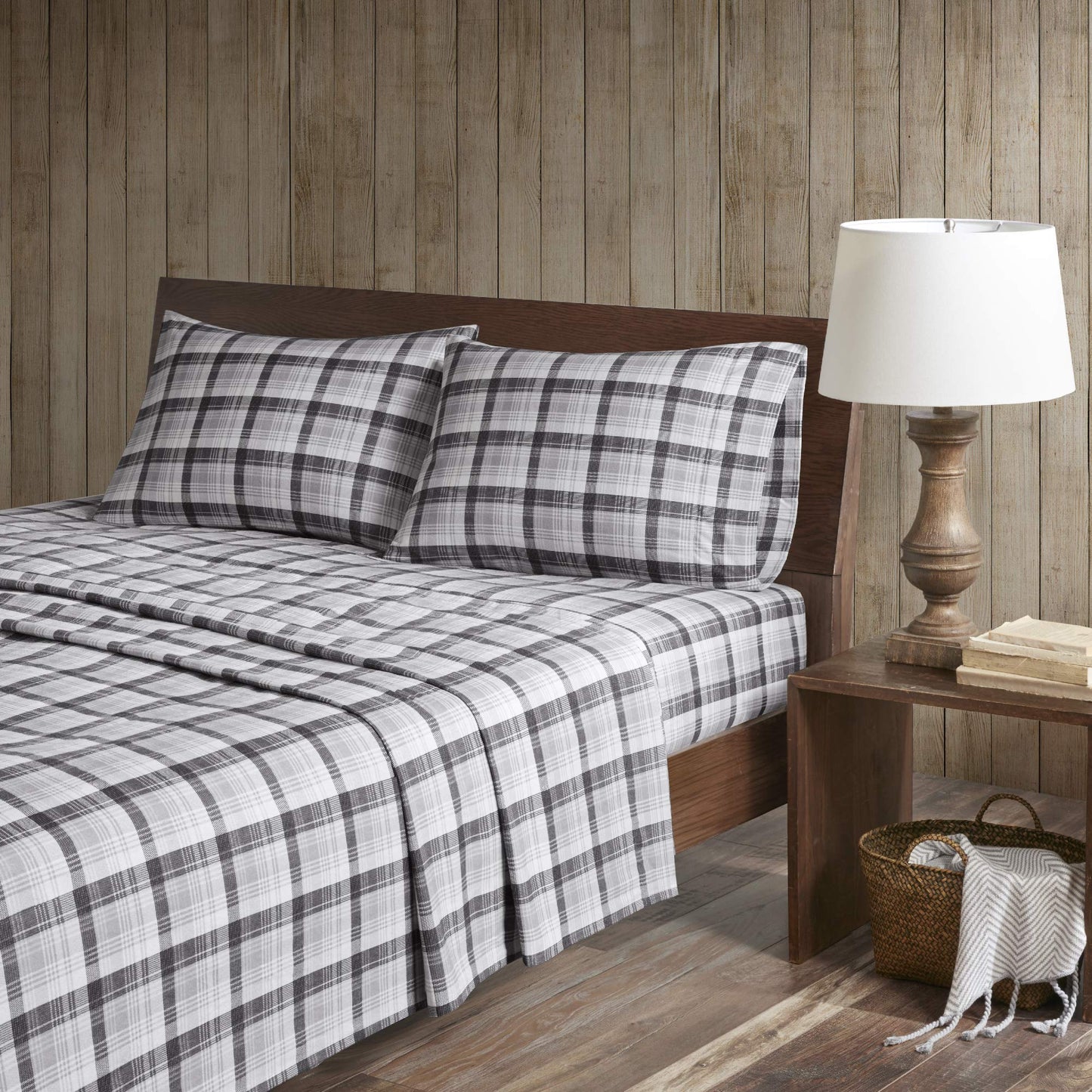 Woolrich Cotton Sheet Set Cottage Charms Print, 100% Cotton Flannel Sheets Warm & Fuzzy Bedding Set Queen Size Sheets, Fitted Pocket Fits Up to 14" Mattress, Queen Grey Plaid, 4 Piece