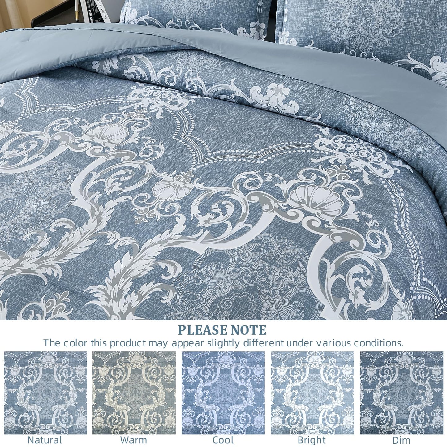 Mybedsoul Bluish Grey Queen Comforter Set, 7 Pieces Boho Bed in a Bag for Queen Bed, Damask Comforter with Sheets Pillowcases, Soft Microfiber Lightweight Bedding Sets for All Season(90"x90")