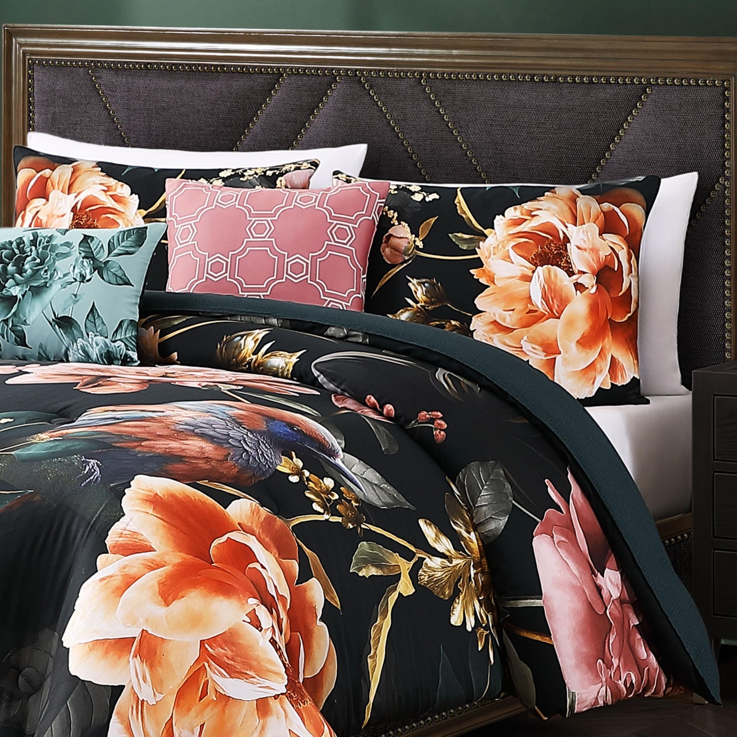 Bebejan Botanical Birds 5 Piece Comforter Set, 100% Cotton Sateen, 220 Thread Count, Black Reversible Bedding Comforter Set, 1 Comforter, 2 Shams & 2 Pillows (King/Cal King)