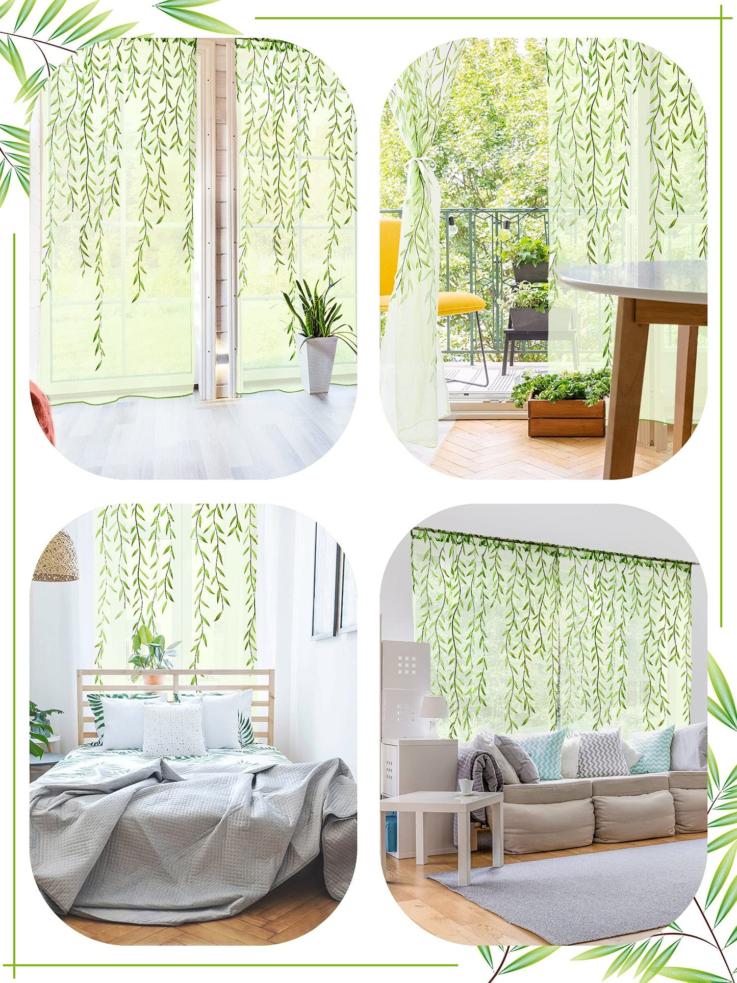 Breling Willow Voile Curtains Cute Green Sheers Leaf Tulle Vine Window Sheers Ivy Pretty Curtain for Living Room Bedroom Window Door Balcony (39.4 x 78.7 Inch,Print Style,2)