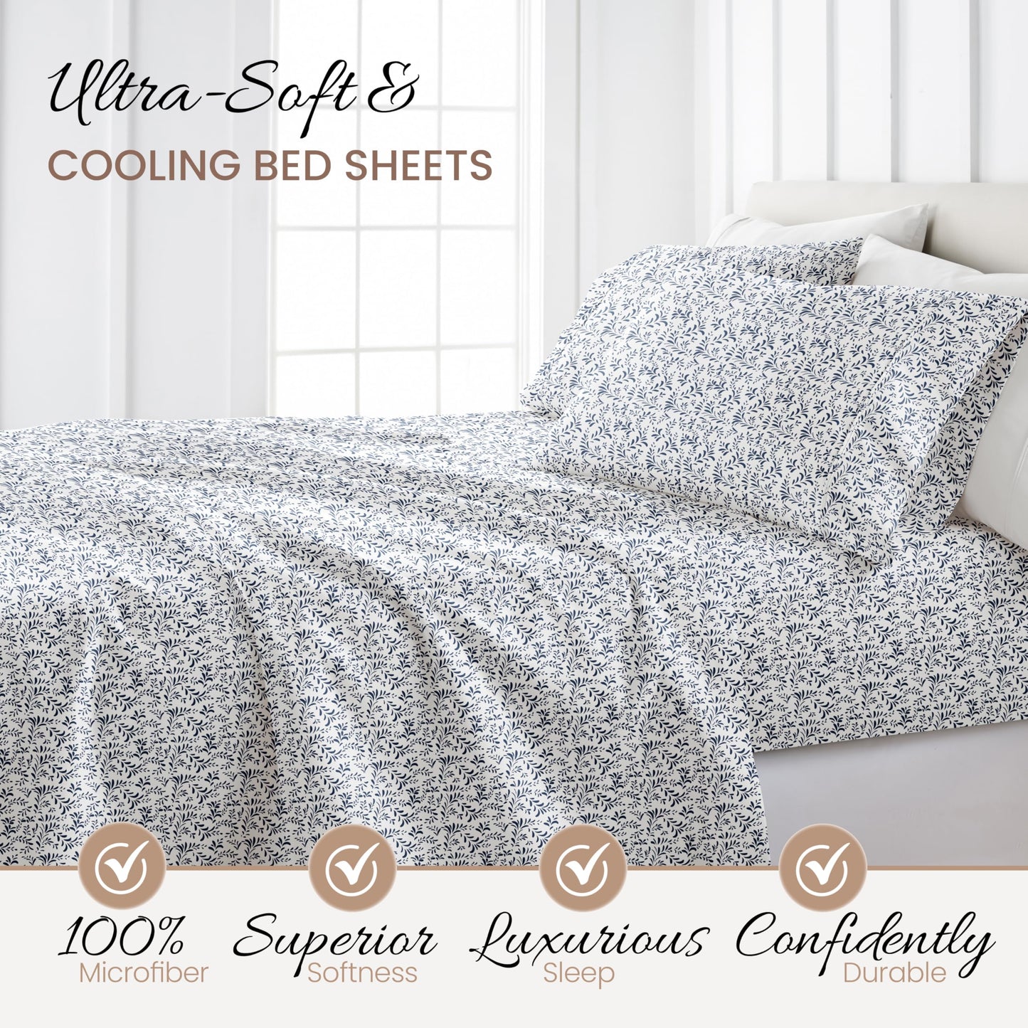 Linen Market Double-Brushed Patterned Microfiber Full Sheet Set 4 Piece – Oeko-TEX Certified Ultra Soft & Wrinkle-Free - 16" Deep Pocket Sheets - Easy Care Full Size - Burst of Vines Navy