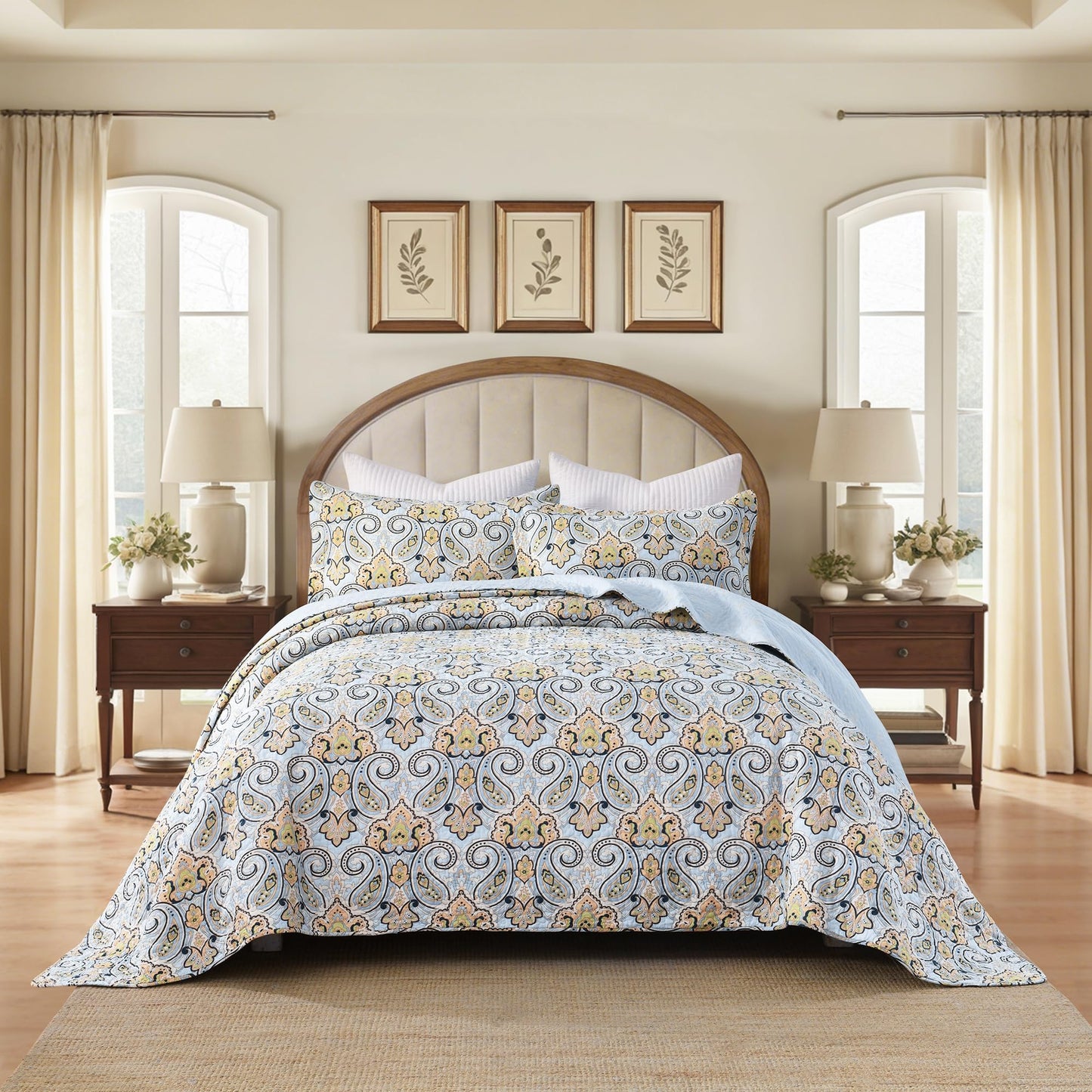 BCOTTOND Paisley King Size Quilt Set - Reversible Paisley Floral Quilts King Size, 100% Cotton Lightweight Bedspread Set, Luxury Quilt Bedding Set for King Bed, Sky Blue & Soft Orange, 106×98