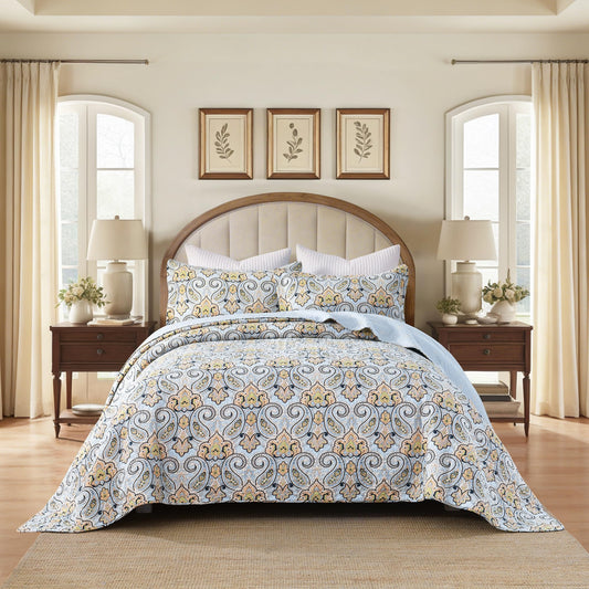 BCOTTOND Paisley King Size Quilt Set - Reversible Paisley Floral Quilts King Size, 100% Cotton Lightweight Bedspread Set, Luxury Quilt Bedding Set for King Bed, Sky Blue & Soft Orange, 106×98