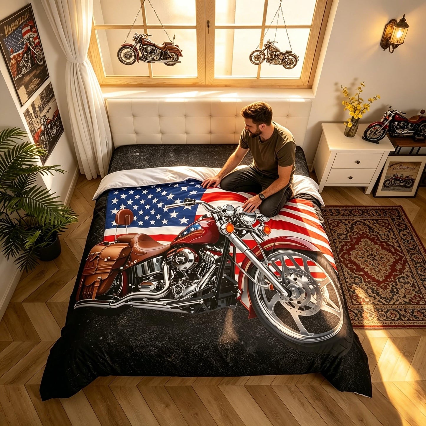 American Flag Duvet Cover Set King,Motorcycle Bedding Set 3pcs for Kids Teens Boys Girls Adult Room Decor,Eagle Animal Comforter Cover Brown Quilt Cover with 2 Pillowcases