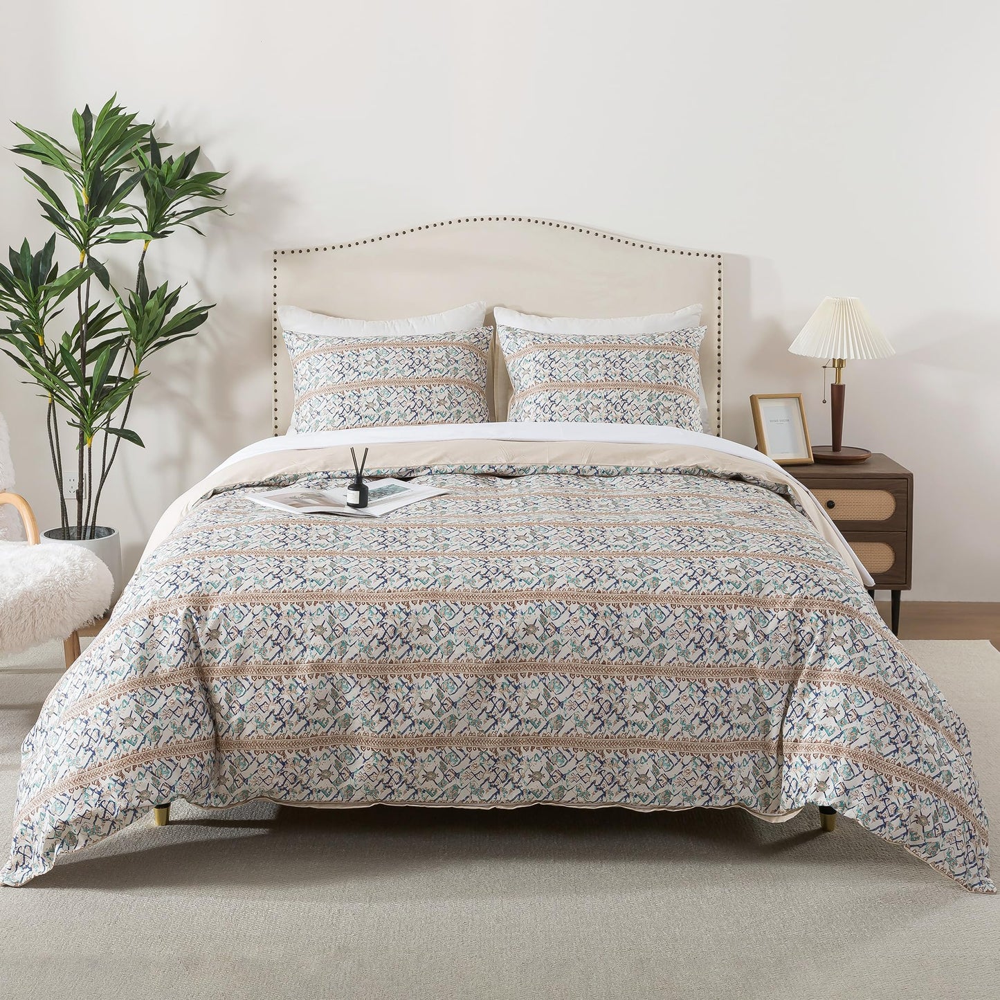 HoneiLife Retro Duvet Cover King - 100% Cotton Comforter Cover, Soft & Breathable Bed Linen Sets for King Bed