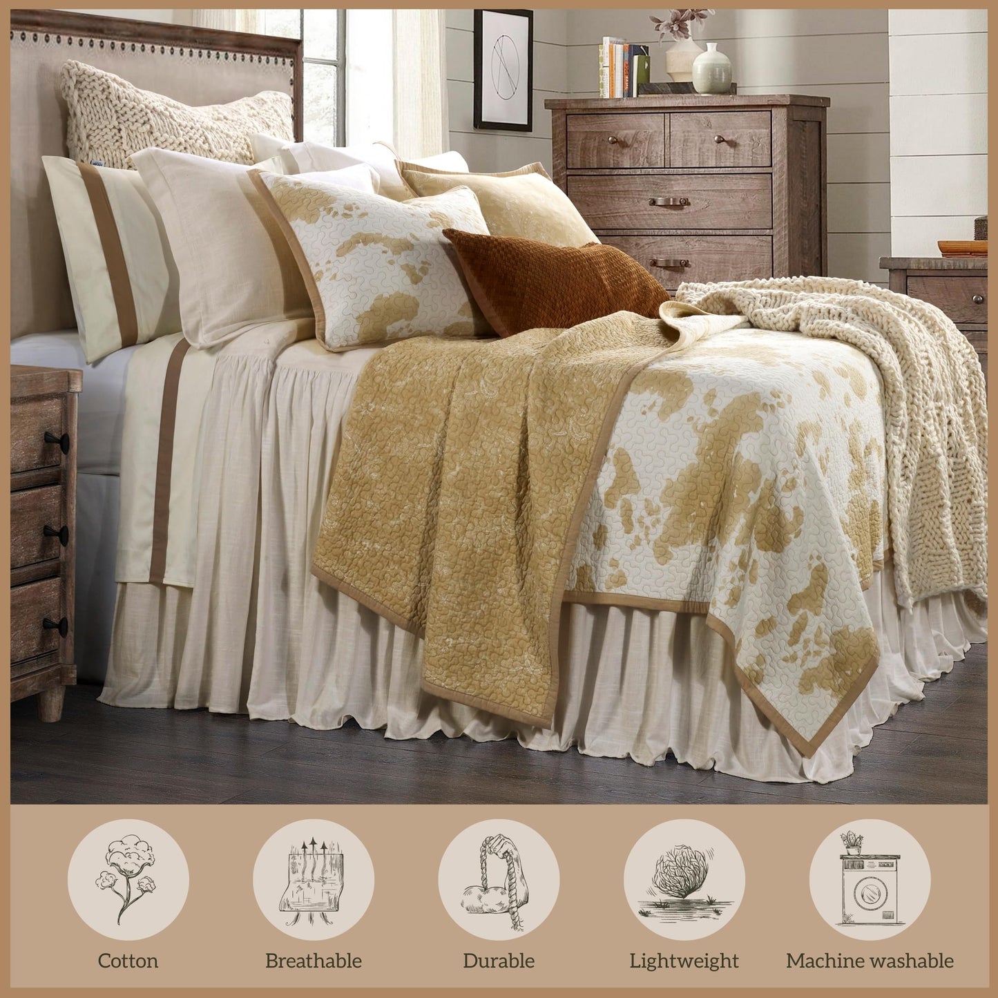 Paseo Road Elsa Queen Cotton Quilt Set, 3 Piece Western Bedding Set with Pillow Shams, Light Tan Cow Print Reversible Quilt, Soft Cozy Rustic Farmhouse Bedding, Lightweight Quilt, Southwestern Bedding
