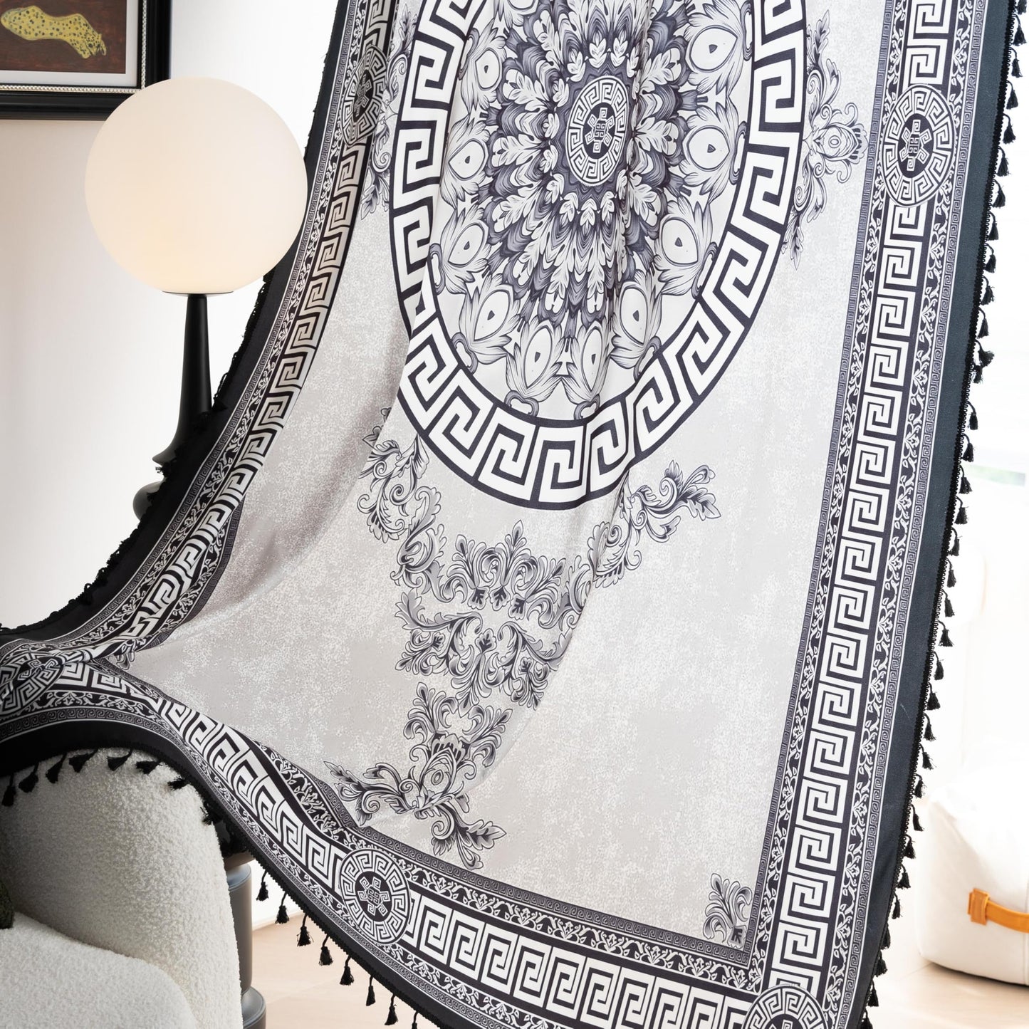 Erbnaryx Black Medallion Curtains 72 Inches Long, Boho Farmhouse Light Filtering Rod Pocket Drapes with Tassel Trim for Bedroom Living Room, 2 Panels