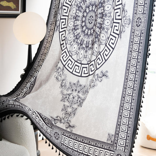 Erbnaryx Black Medallion Curtains 72 Inches Long, Boho Farmhouse Light Filtering Rod Pocket Drapes with Tassel Trim for Bedroom Living Room, 2 Panels