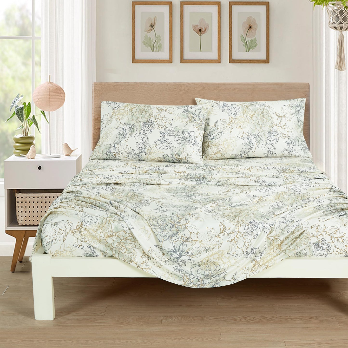 Chezmoi Collection Clematis 4-Piece Tranquil Floral Bed Sheet Set - Soft Green Gray Floral Printed Microfiber 14-Inches Deep Pocket Sheets & Pillowcases Set, California King