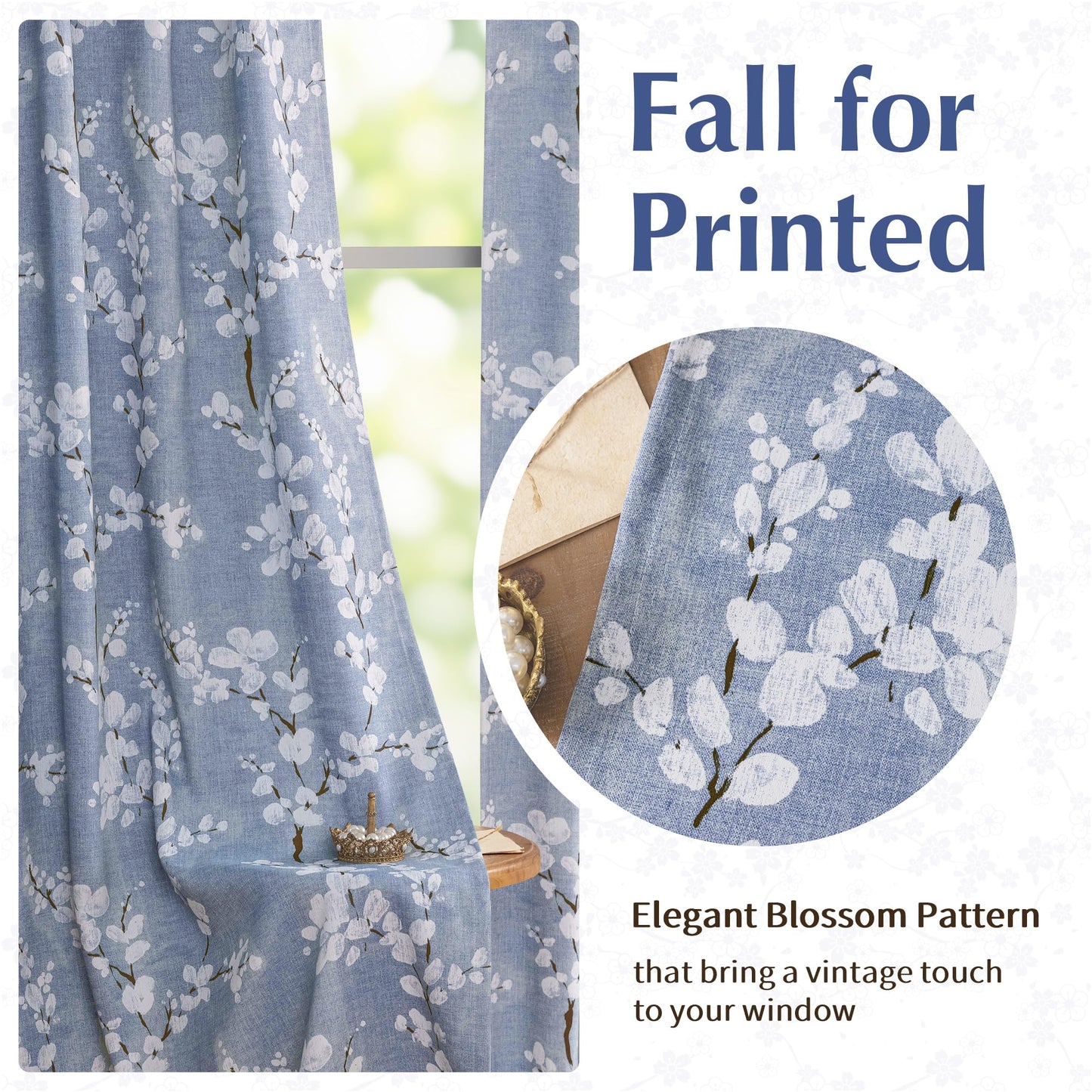 FMFUNCTEX 100% Blackout Floral Curtains for Bedroom, Blue Curtains 63 inch Length Blossom Flower Patterned for Living Room, Thermal Insulated Farmhouse Drapes, Grommet Top 2 Panels (White on Blue)