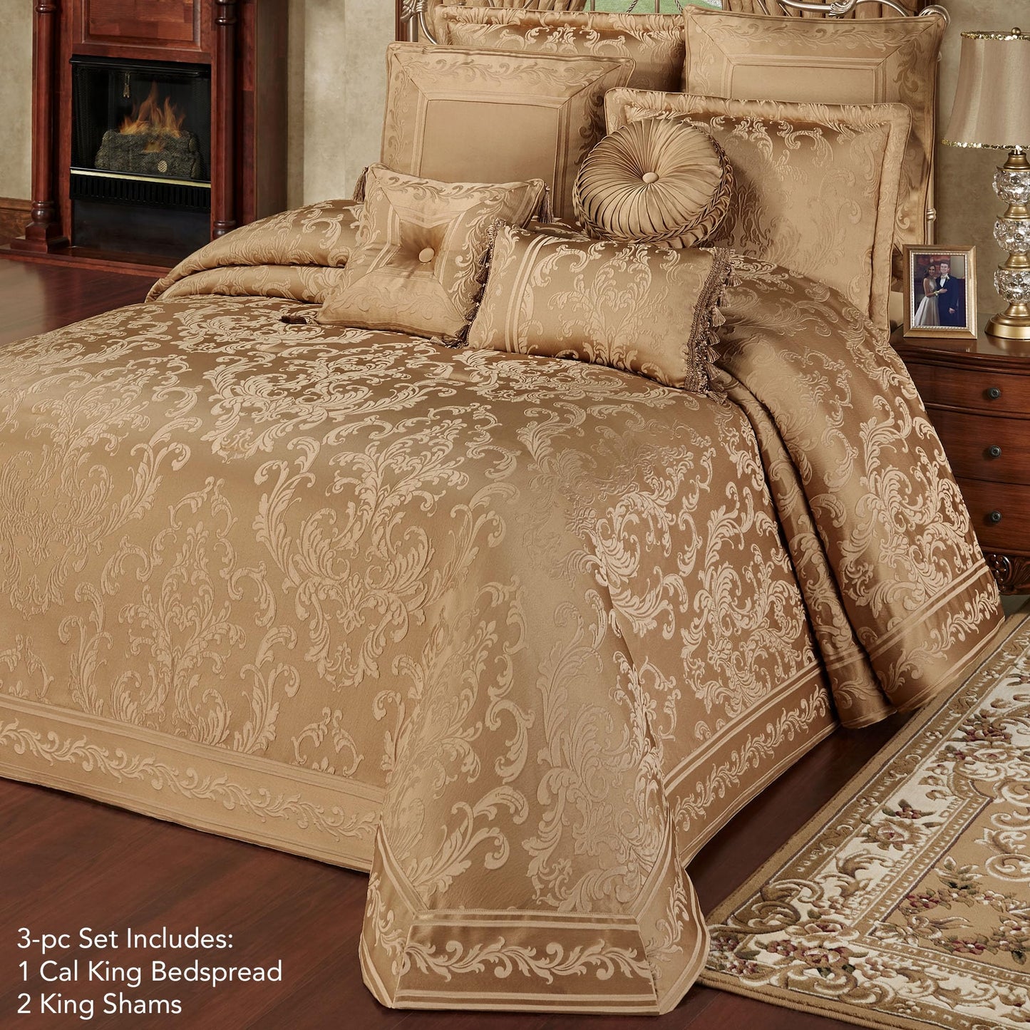 Monaco Luxury Bedding | Royal Monochromatic Metallic Gold Hues | Puff Jacquard-Woven Acanthus Leaf Damask and Scrollwork | 3 Piece Bed Set Includes Oversized California King Bedspread and 2 King Shams