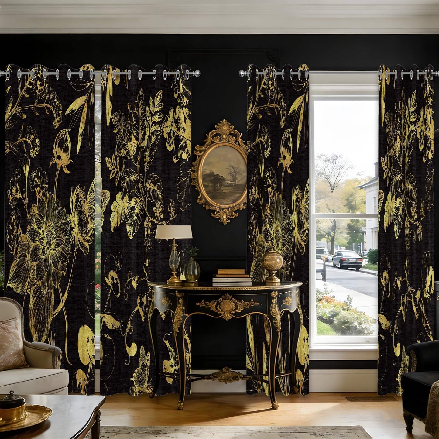 soeeao Black and Gold Vintage Botanical Blackout Curtains Patterned Golden Yellow Floral Window Drapes for Bedroom Living Room, 84 inch Length 2 Panels Set, 52x84 inch