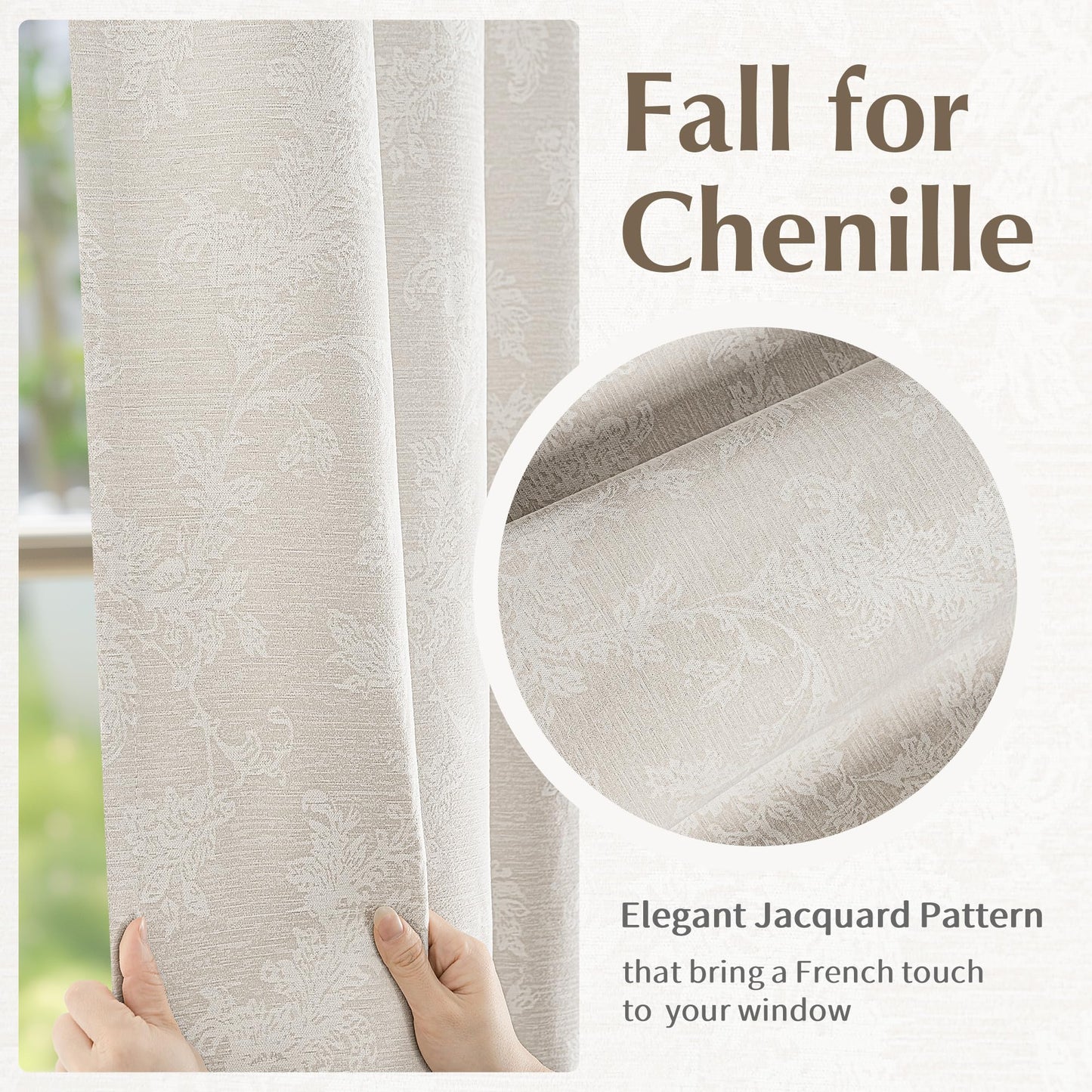FMFUNCTEX Beige Floral Jacquard Blackout Curtains 84 Inches Long for Bedroom, Scroll Flower Chenille Farmhouse Curtains for Living Room Darkening Thermal Insulated Grommet Window Drapes 2 Panels