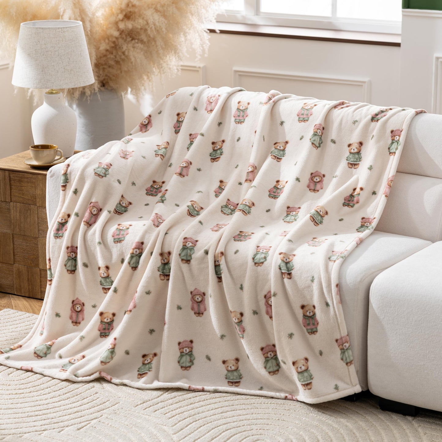 Sushing Cartoon Fleece Blanket, Cute Animal Characters Plush Home Decor, Soft Lightweight Gift for Adults Kids, Machine Washable, 90in x 90in, Autumn Bears