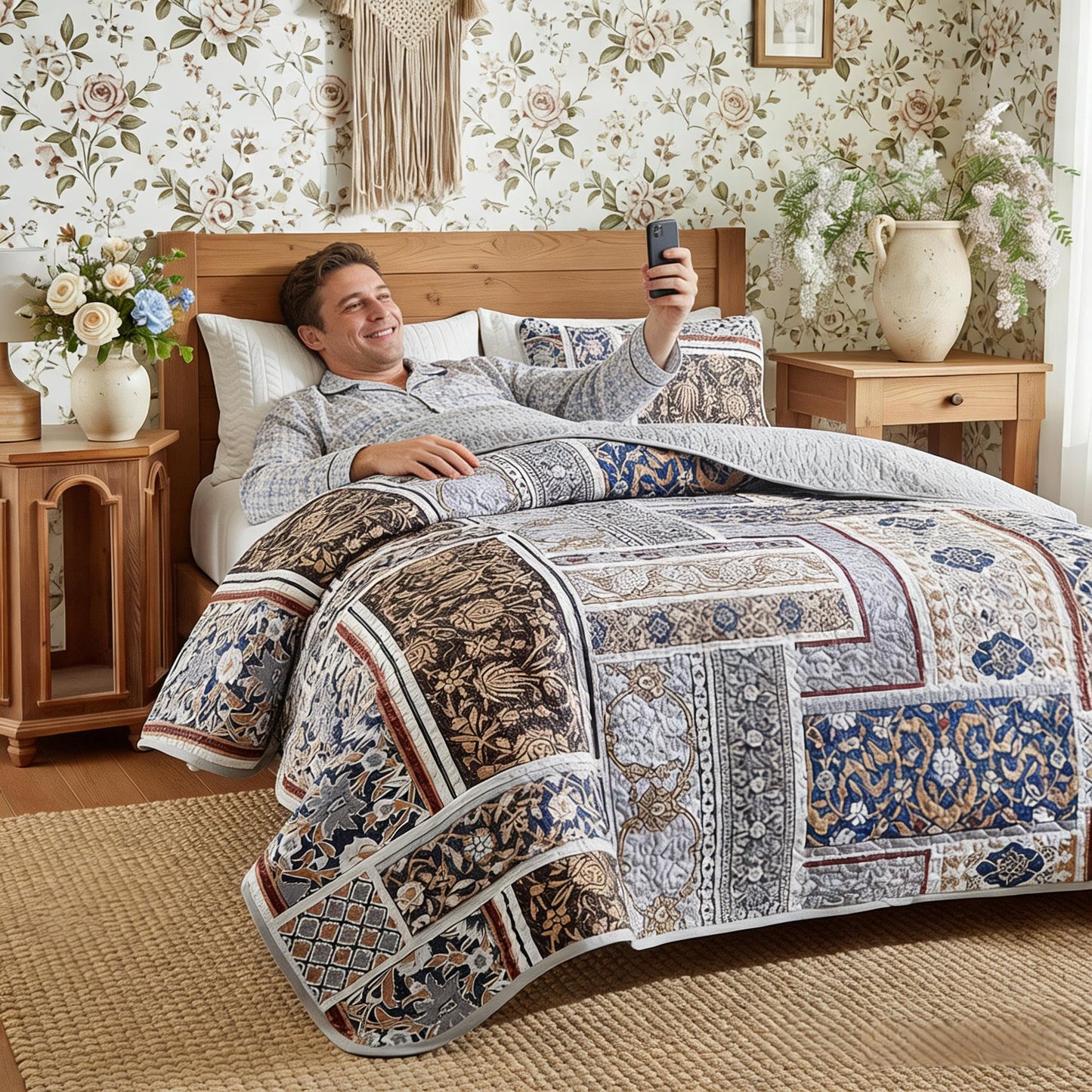Floral Boho Quilts Queen Size Bedding Set Grey 3 Pieces Spring Farmhouse Botanical Summer Bedspreads with 2 Shams Soft Reversible Lightweight Breathable Coverlet Set for All Season (Grey, Queen)