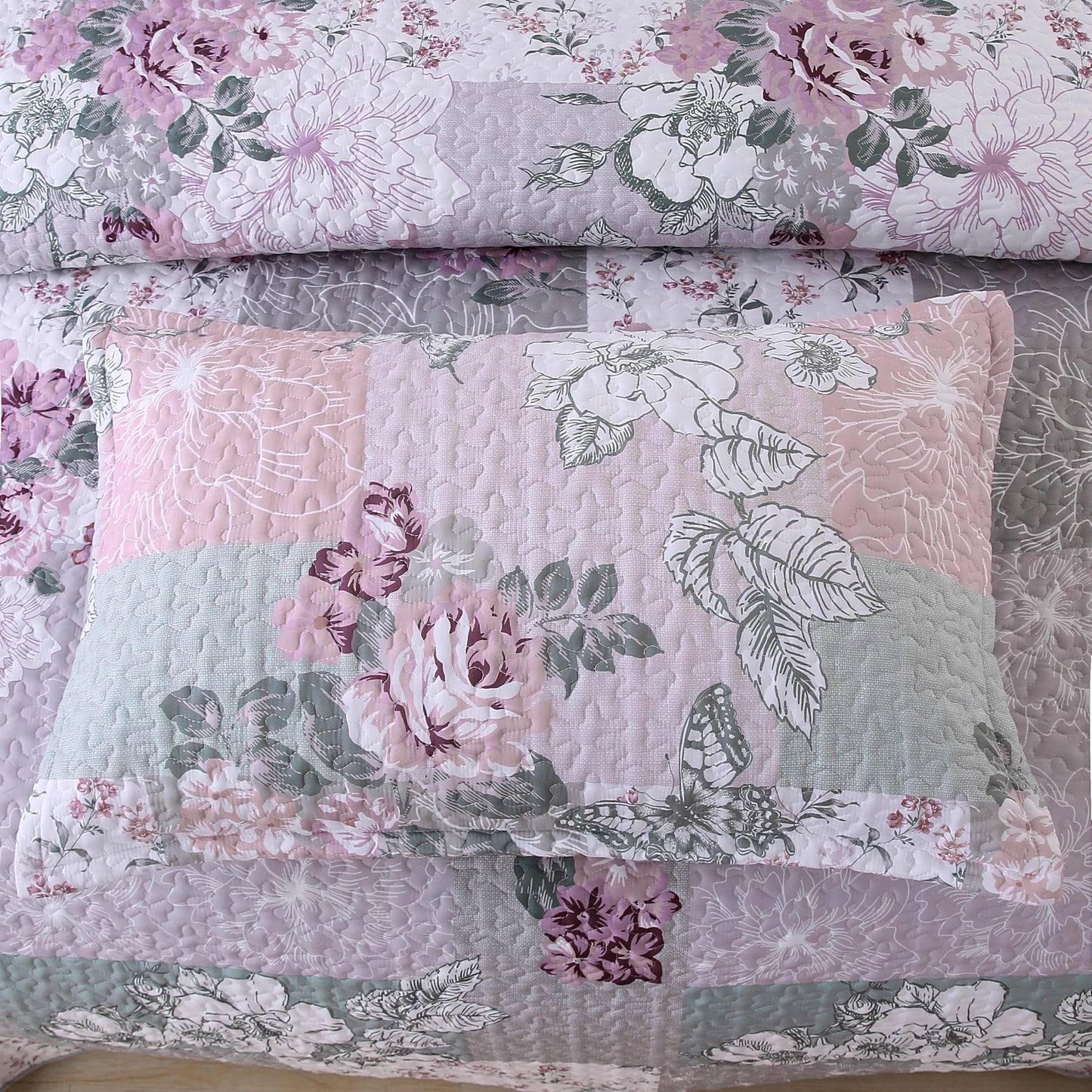 DURLENGEN Patchwork Quilt Set King Size 3Pcs, Floral with Patchwork Pattern,Soft Microfiber Lightweight Bedspread for All Season Layering(King 106x96,Floral Patchwork)