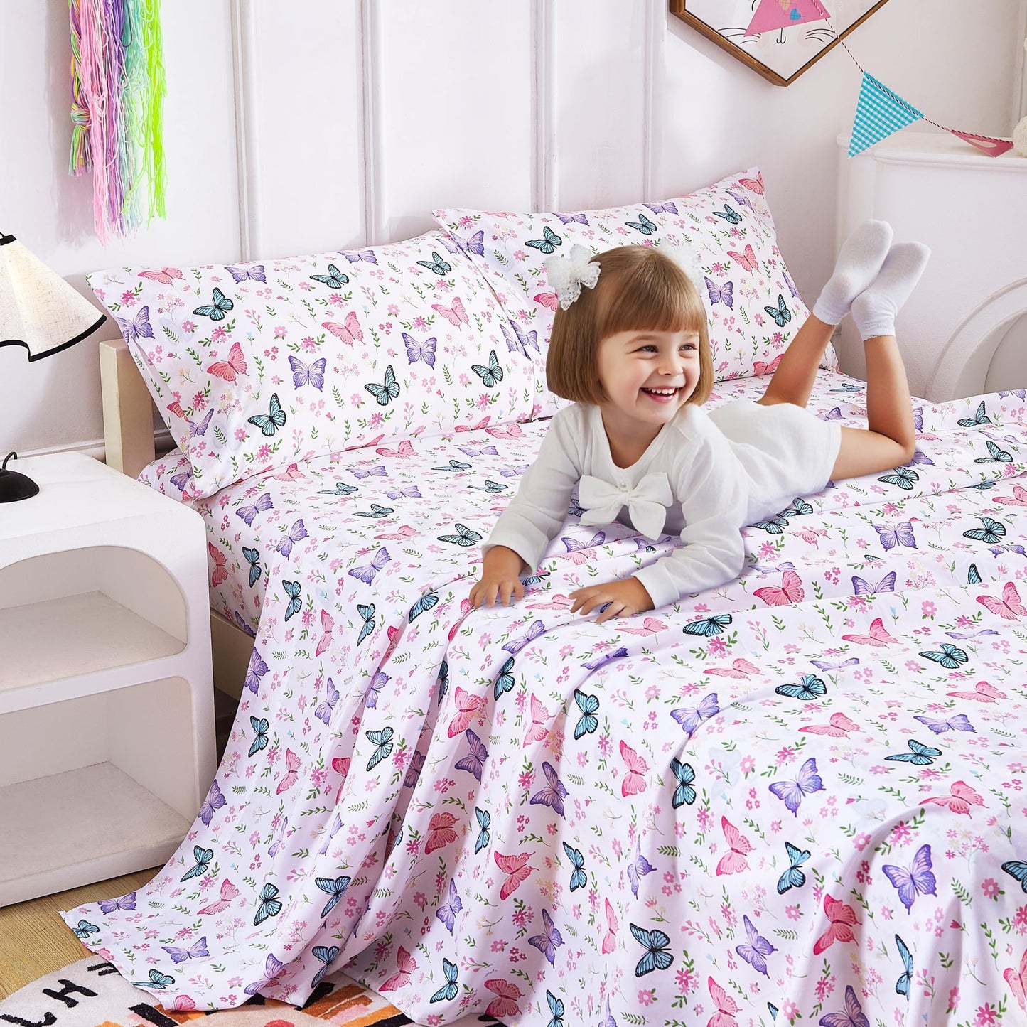 Softan Kids Bed Sheet Set, 3-Piece Twin Sheets Set, Microfiber Fitted Sheet with 15 Inches Deep Pocket and Corner Straps, Breathable & Silky Soft Butterfly Flower Printed Sheet and Pillowcase Sets