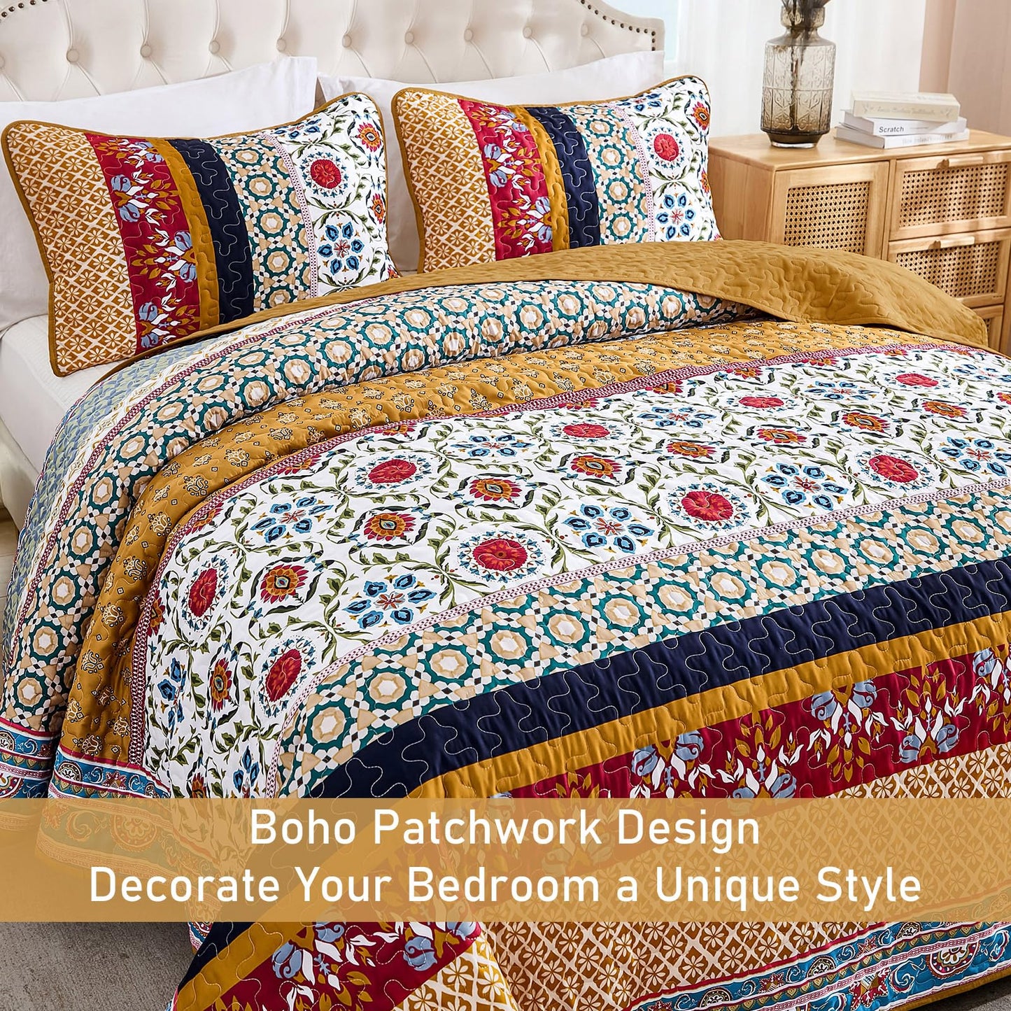 Yiran Boho Quilt Set King Size, Fall Tango Orange Patchwork Bedspreads Bedding Set, Lightweight Bohemia Farmhouse Coverlet Set 110x90 Inch