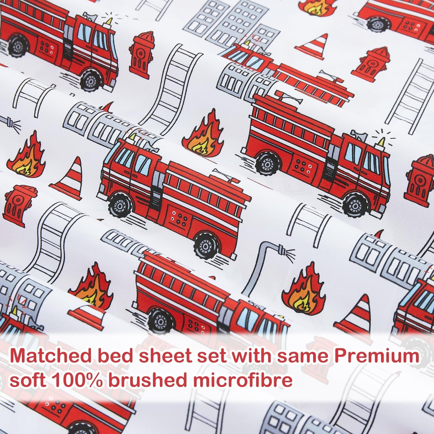 Softan Kids Bed Sheet Set, Boys Twin Size Sheets, Microfiber Kids Fitted Sheet and Pillowcase, Breathable and Silky Soft, 3 Piece Fire Engines Printed Twin Bed Sheet