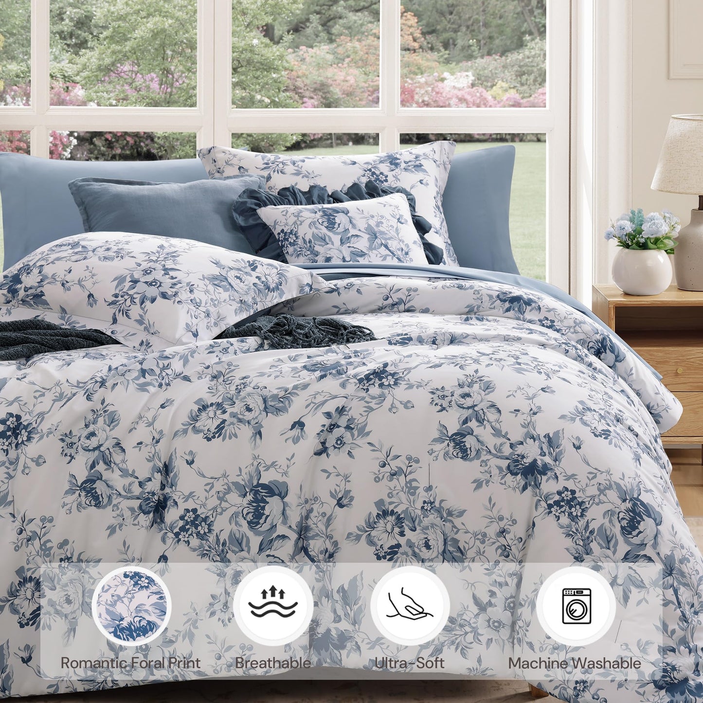 BLOOMHAVEN Queen Comforter Set -7 Pieces Floral Blue Comforter Set for All Seasons, Bed in a Bag Queen with Botanical Flowers Comforter, Sheets, Pillowcases & Shams