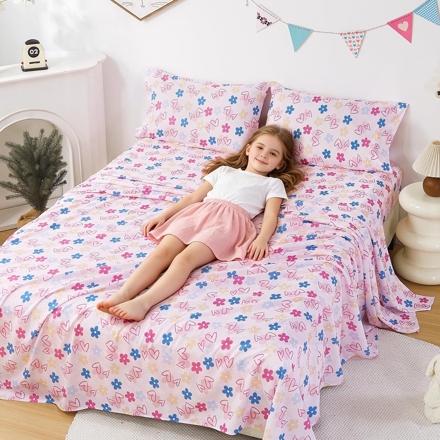 CozySmile Full Sheet Set Kids,4 Pieces Breathable Soft Microfiber Bedsheets for Child Girls, Oeko-TEX, Anti Pilling Deep Pockets Easy Care Bed Sheets, Heart