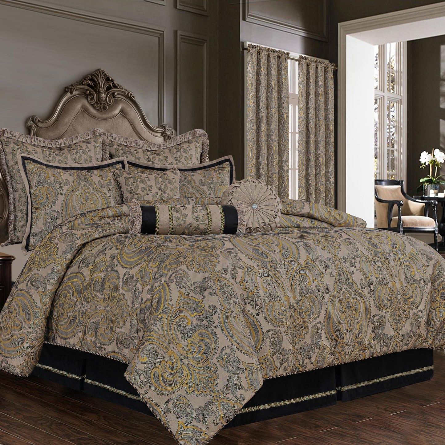 Loom and Mill 9-Piece Luxury King Size Comforter Set, European Damask Comforter Sets, Jacquard Bedding Sets with Euro Shams, Bedskirt, Filled Decorative Pillows(Taupe+Gold+Gray,King)