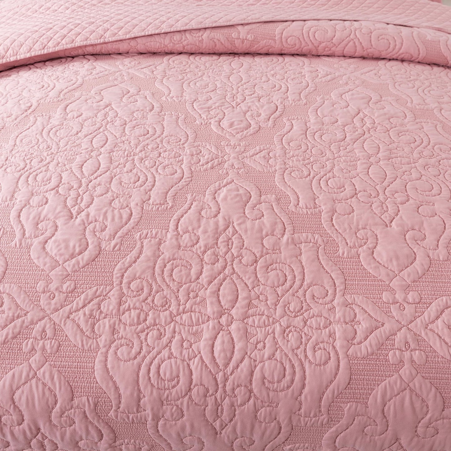 NEWLAKE Quilt Bedspread Set, Pink Jacquard Embossed Floral Pattern Reversible Embroidered Microfiber Coverlet Sets, Queen Size