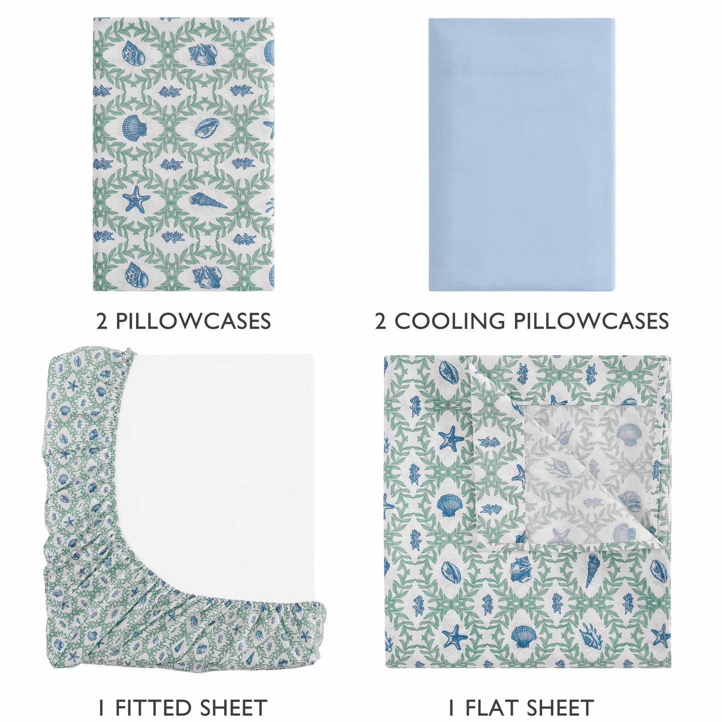 Caribbean Joe 6-Piece Sheet Set with Cooling Pillowcases, 12-inch Deep Pockets, Tropical Beach Coastal Design, Queen, Seaweed Trellis