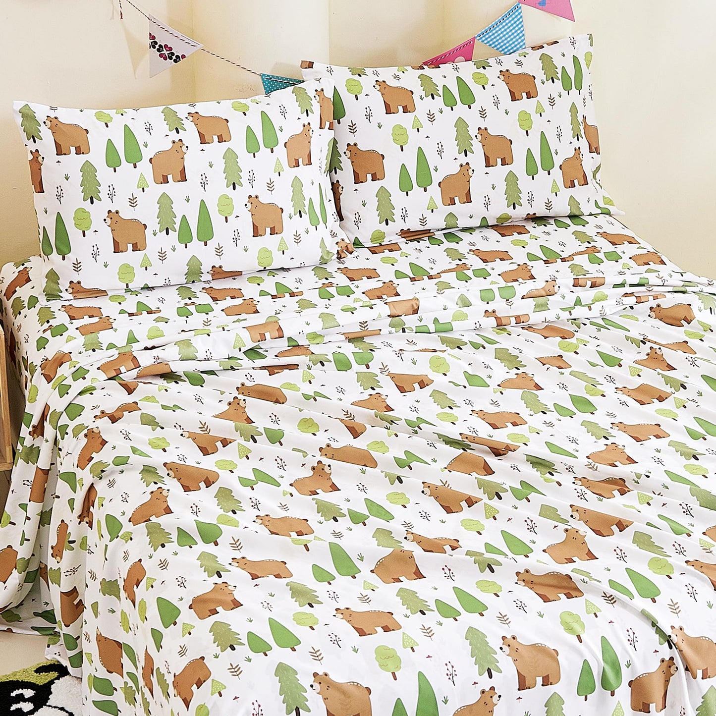 CozySmile Full Sheet Set Kids,4 Pieces Breathable Soft Microfiber Bedsheets for Child Boys, Oeko-TEX, Anti Pilling Deep Pockets Easy Care Bed Sheets, Forest Bear