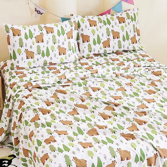 CozySmile Full Sheet Set Kids,4 Pieces Breathable Soft Microfiber Bedsheets for Child Boys, Oeko-TEX, Anti Pilling Deep Pockets Easy Care Bed Sheets, Forest Bear
