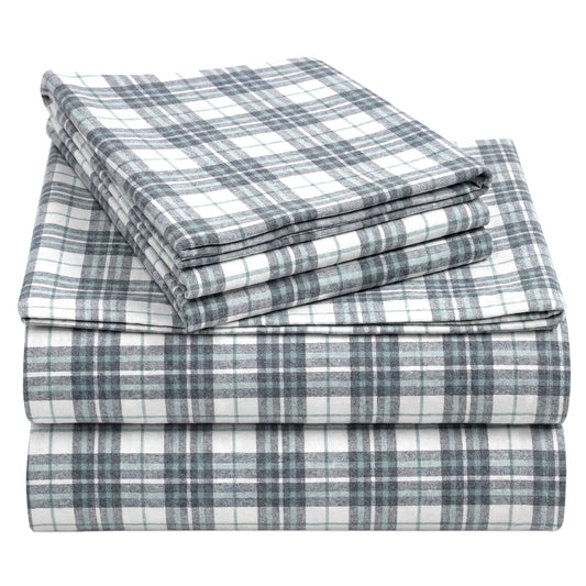 California Design Den Yarn Dyed Flannel Sheet Set Queen Size - Made in Portugal, 4-Piece 100% Cotton Queen Sheets Deep Pocket with Extra Depth, Thick, Velvet Soft, Triple-Brushed - Blue Plaid