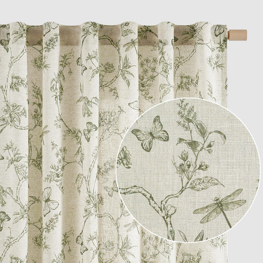 Lazzzy Charlotte Green Floral Curtains 84 Inch Length Linen Farmhouse Curtain Back Tab Drapes for Living Room Bedroom Light Filtering Vintage Rod Pocket Curtains, 2 Panels, Green on Beige