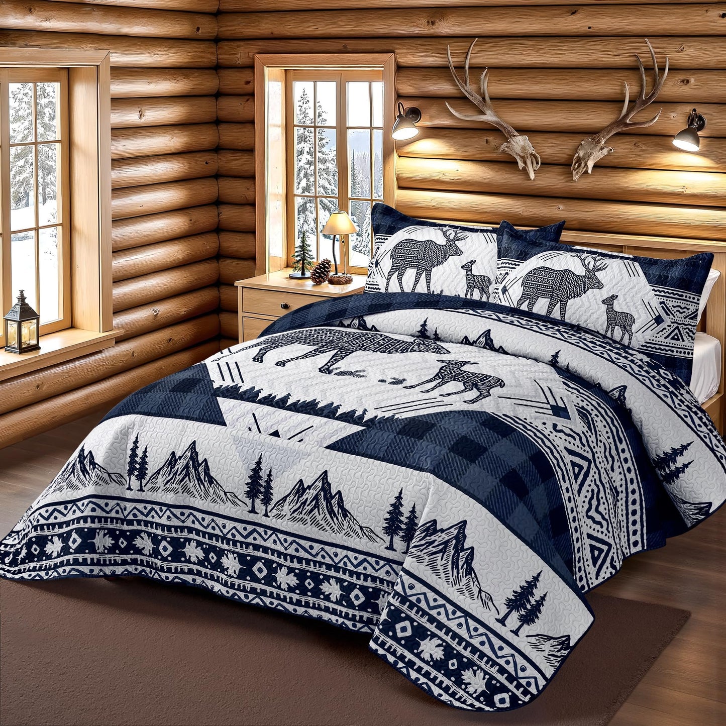 3 Piece Cabin Full/Queen Quilt Sets Farmhouse Rustic Reversible Microfiber Soft Lightweight Bedspread Comforter with 2 Shams Patchwork Country Lodge Bedding Quilts Set for All Season, 90''x96'', Blue