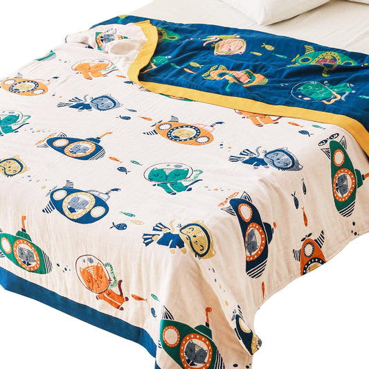 Scientific Sleep Underwater Scuba Cat Kitty Diver Submarine Fish Sea 100% Cotton Muslin Blanket Throw Cover for Bed Couch Sofa Cozy Soft Reversible Bedspread Coverlet Full Queen F/Q 80 in x 90 in