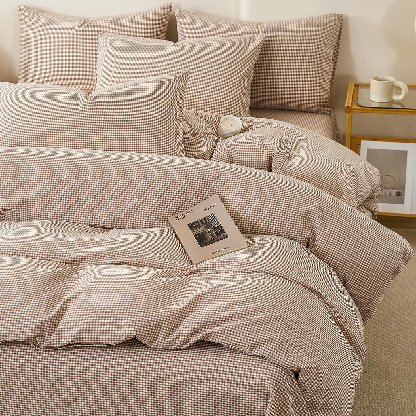 VM VOUGEMARKET Tan Paid Duvet Cover Queen 100% Washed Cotton Like Linen Bedding Set Soft Breathable 3 Piece Mini Gingham Checkered Comforter Cover Set (Queen 90"x90", Comforter Not Included)