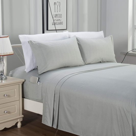 Elegant Comfort Delilah Polkadot 6-Piece Set, Fade & Wrinkle Resistant, 1500 Premium Hotel Quality Microfiber Deep Pocket Fitted Sheet Featuring Smart Pockets, Polkadot Sheet Set, Queen, Grey