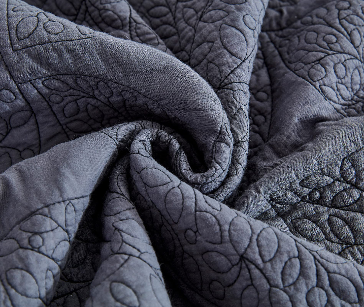 CHIXIN Botanical Cotton Quilt King Size - Leaf Pattern Real Stitching - Quilted Bedspread Coverlet Sets, Ultra Soft, Lightweight, Reversible, 3 Piece, Dark Grey