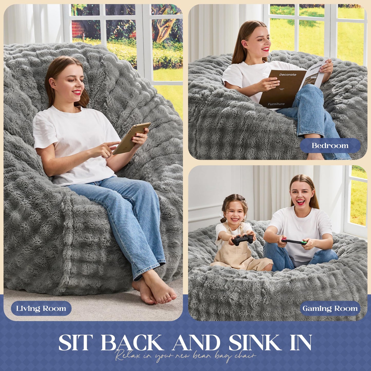Hobestluk Bean Bag Chairs Beanbag Chair with Filler Adult Bean Bags with Fluffy & Machine Washable Cover, Giant Bean Bag Chairs for Aduts (Grey, 5FT-50" x 50" x 24")