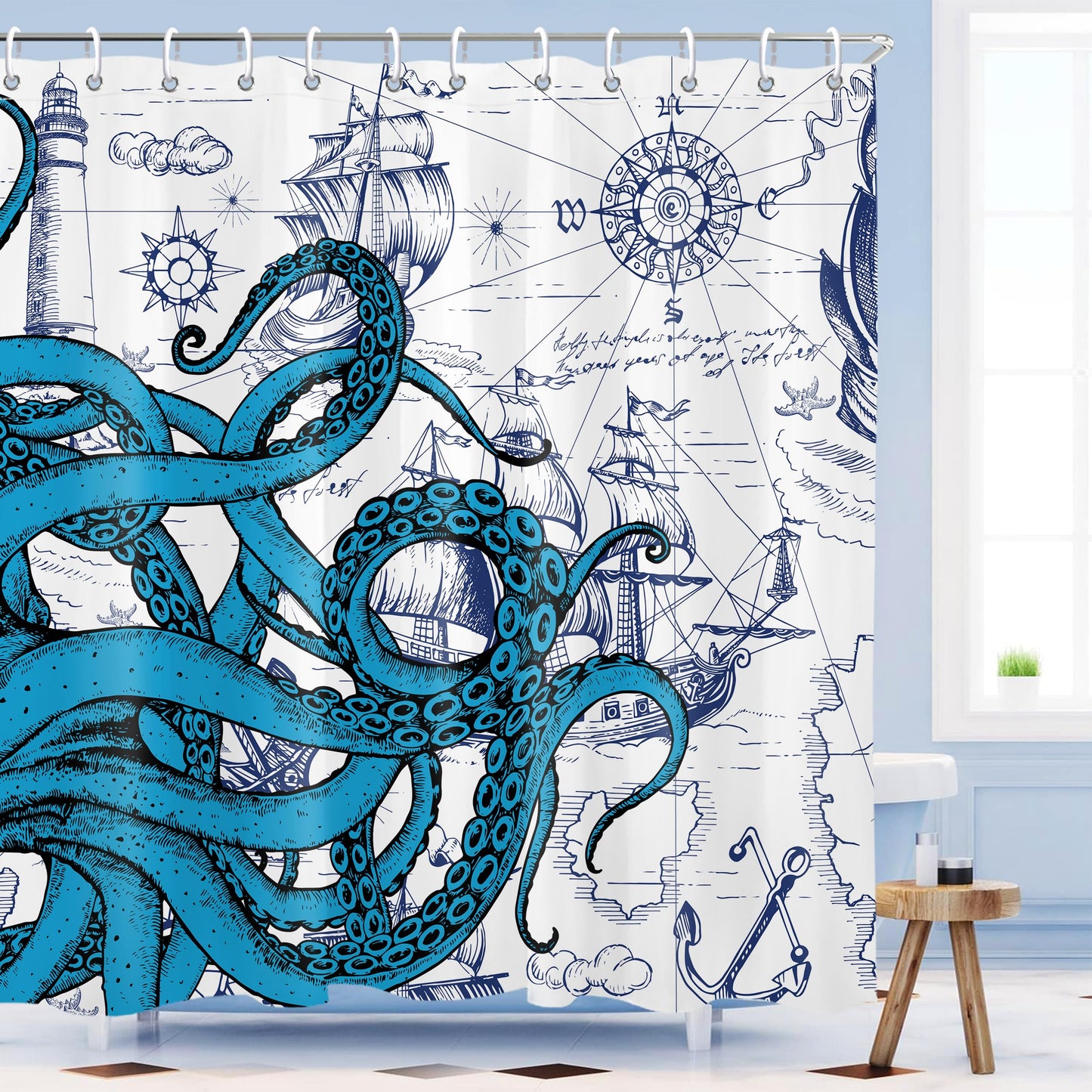 Mayormyth Shower Curtain Blue Nautical Octopus Funny Ocean Kraken Shower Curtains for Bathroom Decor Beach Coastal Pirate Map Shower Curtain Set Polyester Waterproof Cloth Fabric with Hooks