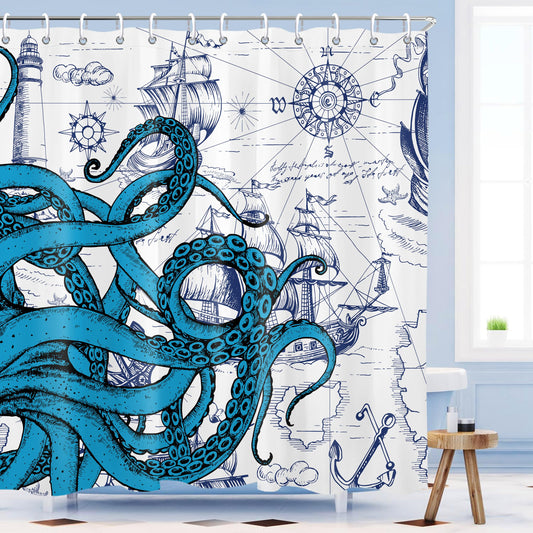 Mayormyth Shower Curtain Blue Nautical Octopus Funny Ocean Kraken Shower Curtains for Bathroom Decor Beach Coastal Pirate Map Shower Curtain Set Polyester Waterproof Cloth Fabric with Hooks