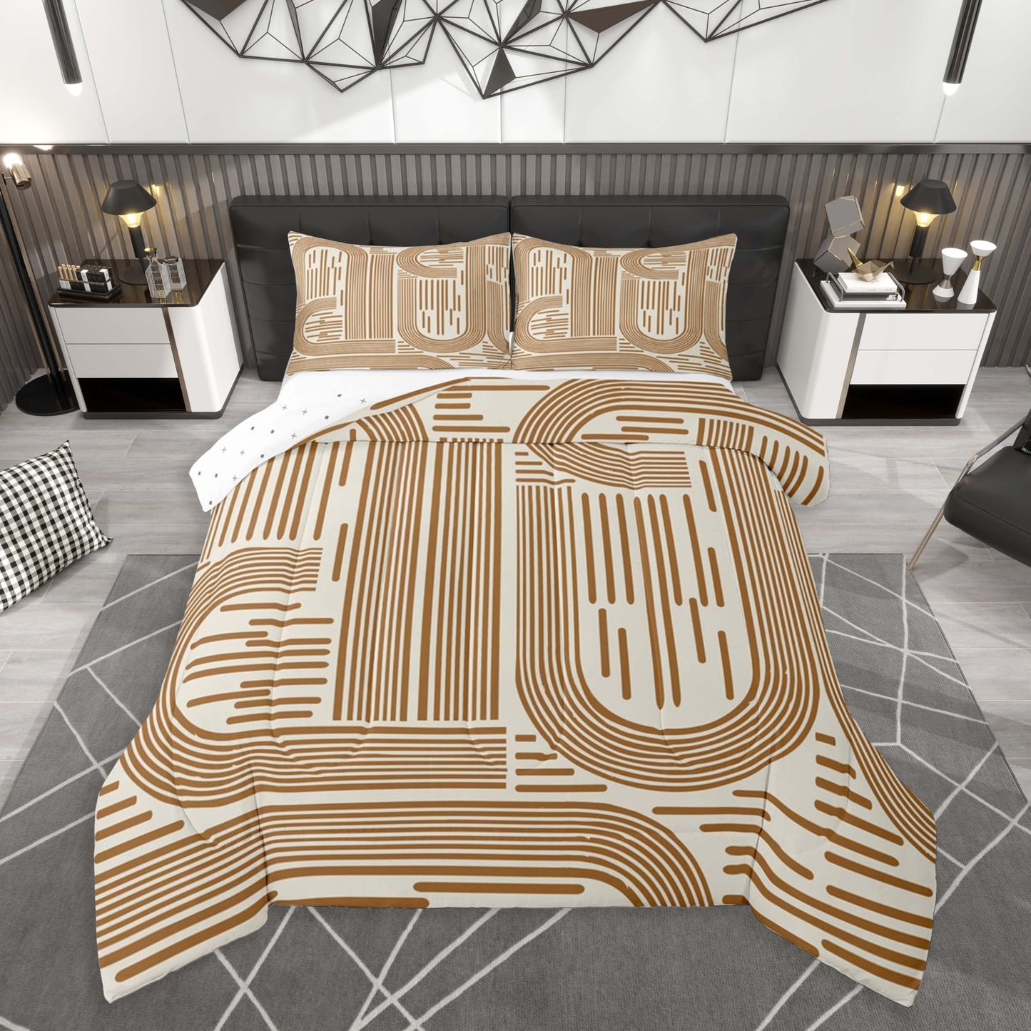 Feelyou Orange Modern Abstract Bedding Set Soft for Boys Girls, Boho Rainbow Comforter Set Queen Size Bohemian Geometric Duvet Quilt Microfiber Bedroom Decor 3 Pcs with 2 Pillow Cases