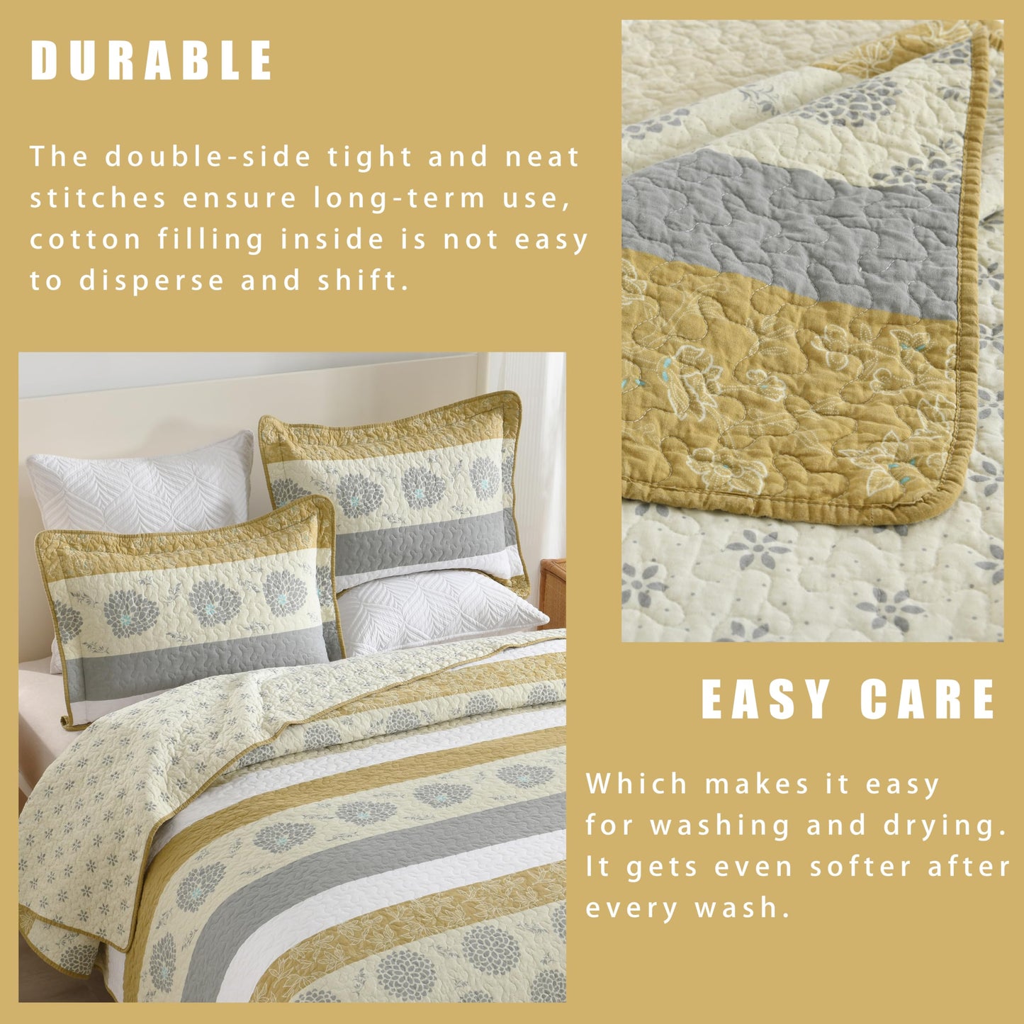 Homzard Quilt Queen Size - Queen Comforter Set,Mustard Yellow Beige Grey All Cotton Quilted Bedspread Set,Striped Floral Pattern Bedding,Lightweight Paisley 3 Piece,All Seasons