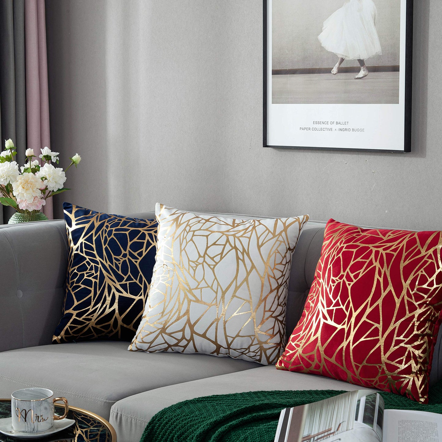 TAOSON Pack of 2,Irregular Abstract Lines Geometric Bronzing Printed Cozy Soft Throw Pillow Cases Cushion Covers Shells for Sofa Couch Bed Home Decoration 18 x 18 Inches, Green and Gold