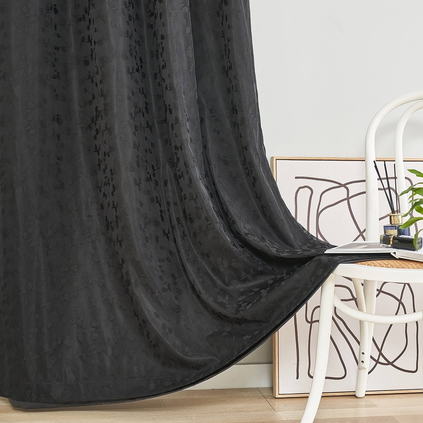 Jubilantex Full Blackout Curtains + Leaf Sheer Window Panels, Mix and Match Style Double Layer Window Treatment Sets for Bedroom Living Room, 4 Panels 52" W x 63" L, Black and Black