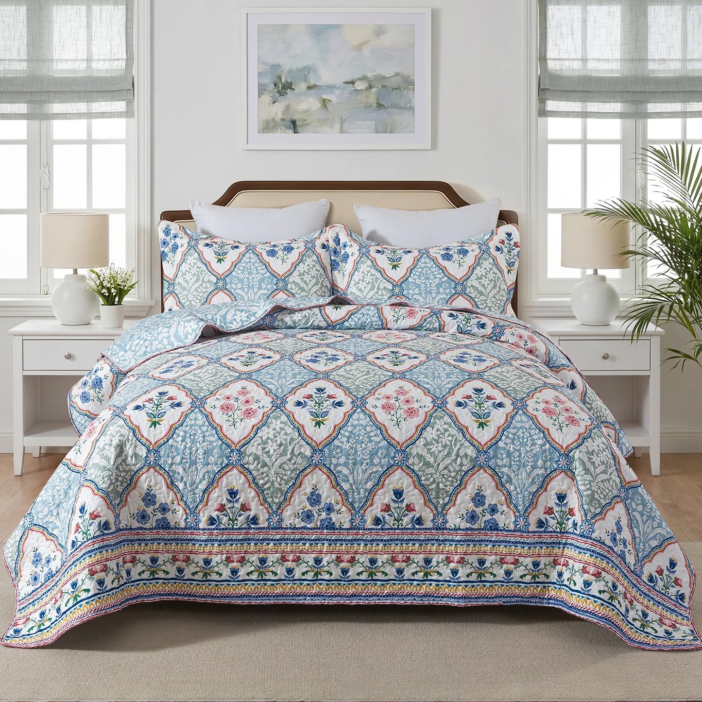 Etwel Lightweight Queen Size Quilt Set - Breathable Reversible Cotton Bedspread for Hot Sleepers, Farmhouse Floral Bedding Set with 2 Pillow Shams for All Season (90"x98", Light Blue Geometric)